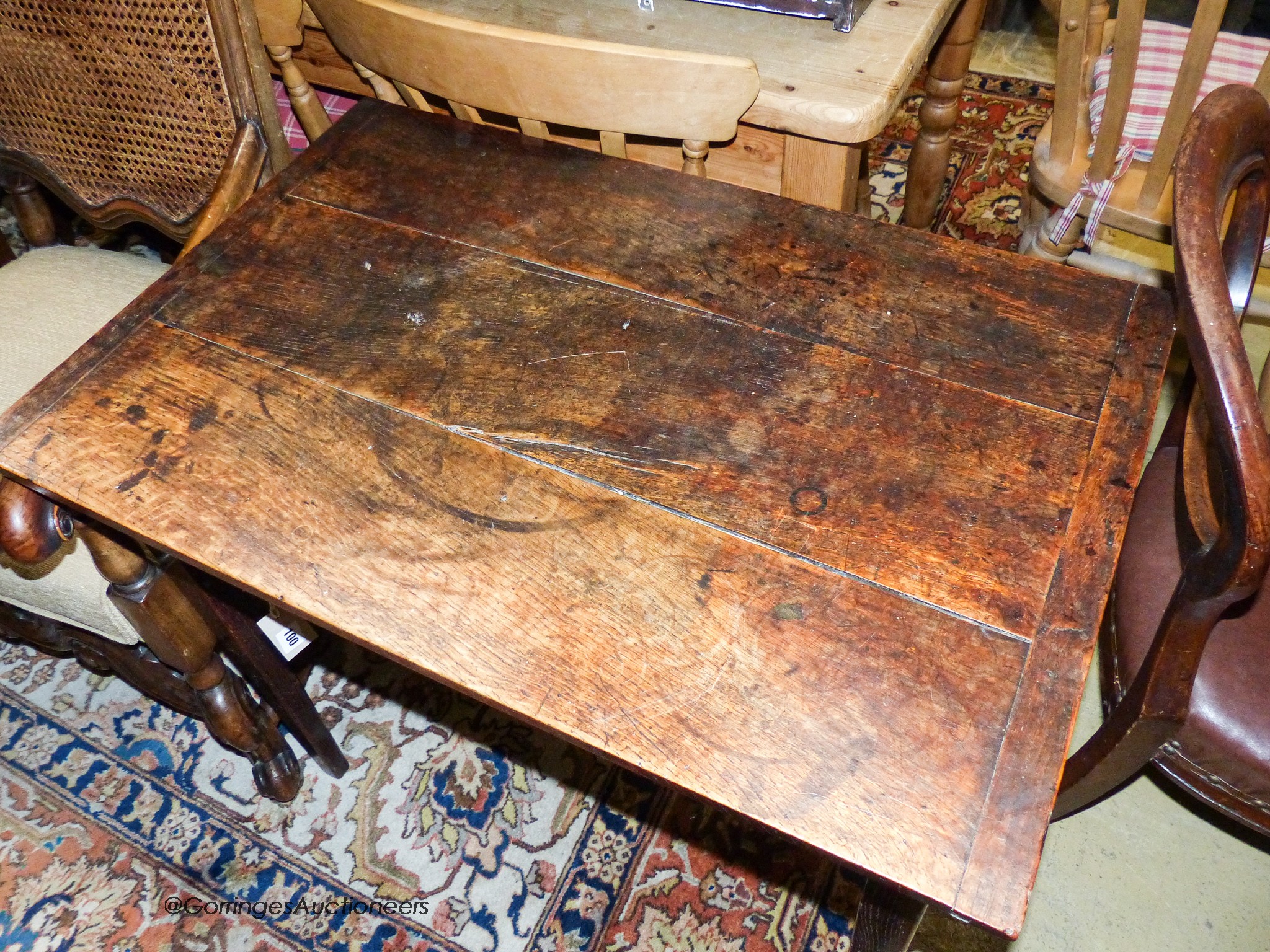 A George III rectangular oak side table fitted frieze drawer, width 83cm, depth 55cm, height 73cm
